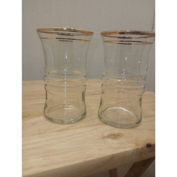 Vintage MCM  Anchor Hocking, Ribbed, hour glass shaped, gold rimmed drinking gla - Picture 1 of 9